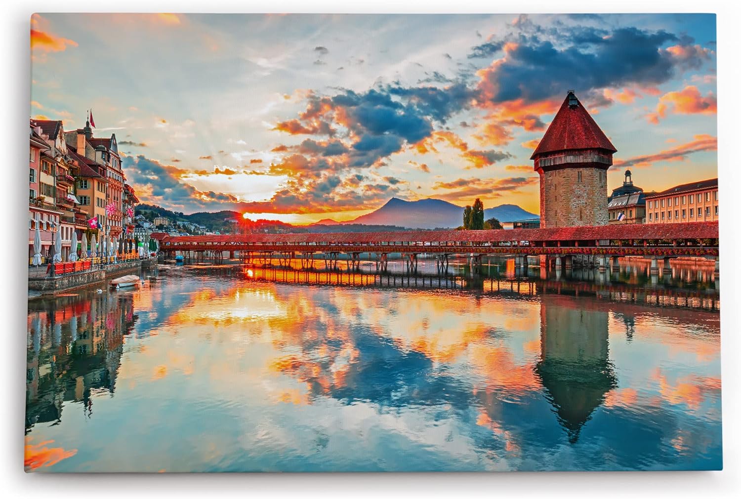 Paul Sinus Wandbild 120x80cm Vierwaldstättersee Luzern Schweiz Holzbrücke Sonnenuntergang