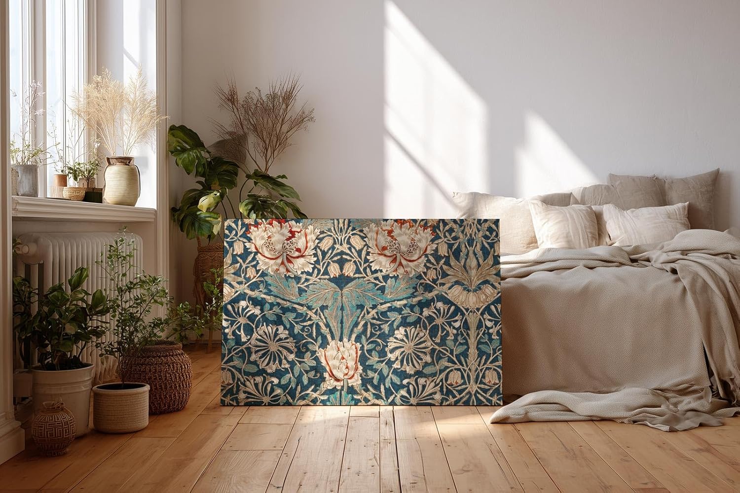 Sinus Art Wandbild 120x80cm Künstlerisch gestaltetes Blütenornament auf türkisblauem Fond mit detailreichen Linien