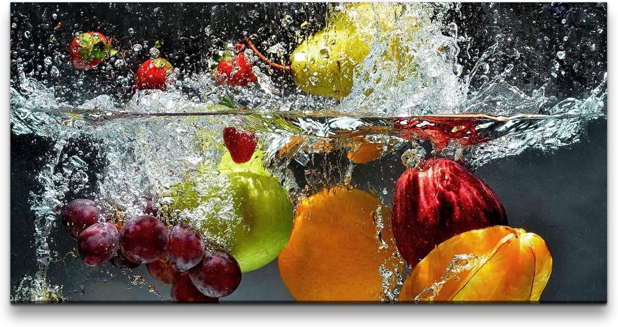 Obst und Gemüse in Wasser ca. 130x70cm Wandbild inklusive Schattenfugenrahmen schwarz - Panorama Leinwand Bild XXL Format Wandbilder Wohnzimmer Wohnung Deko Kunstdrucke