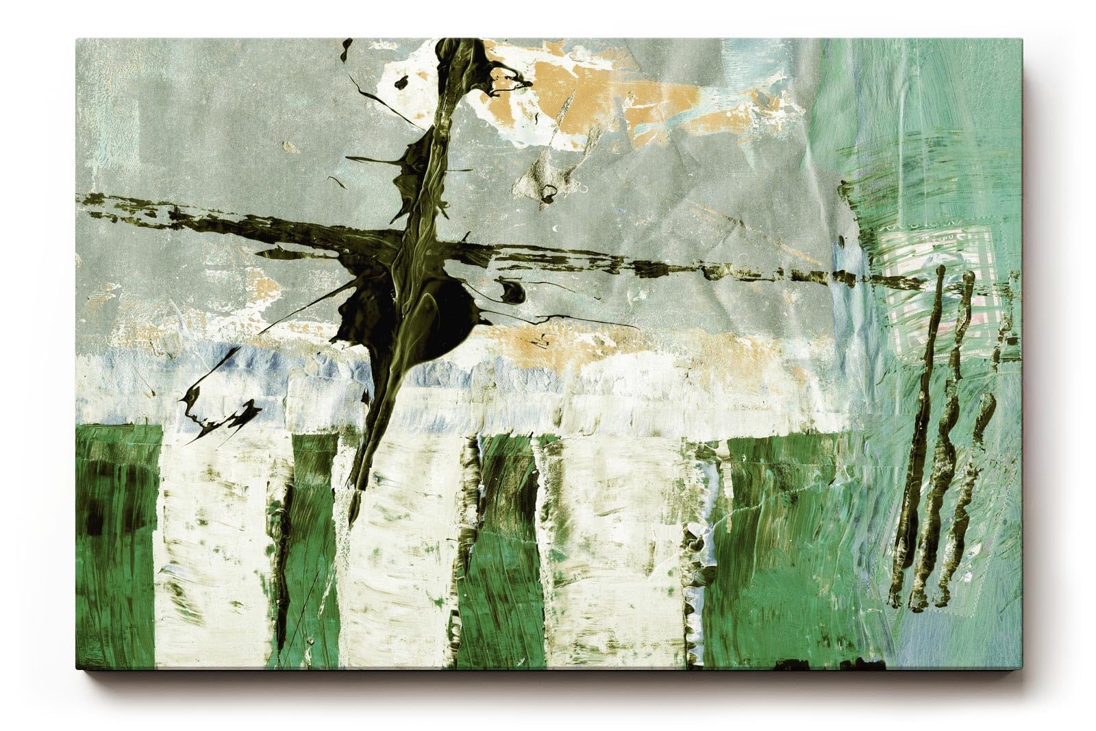 Sinus Art Wandbild 120x80cm Grüne und weiße Pinselstrukturen mit vertikalen Elementen und abstrakten Flächen