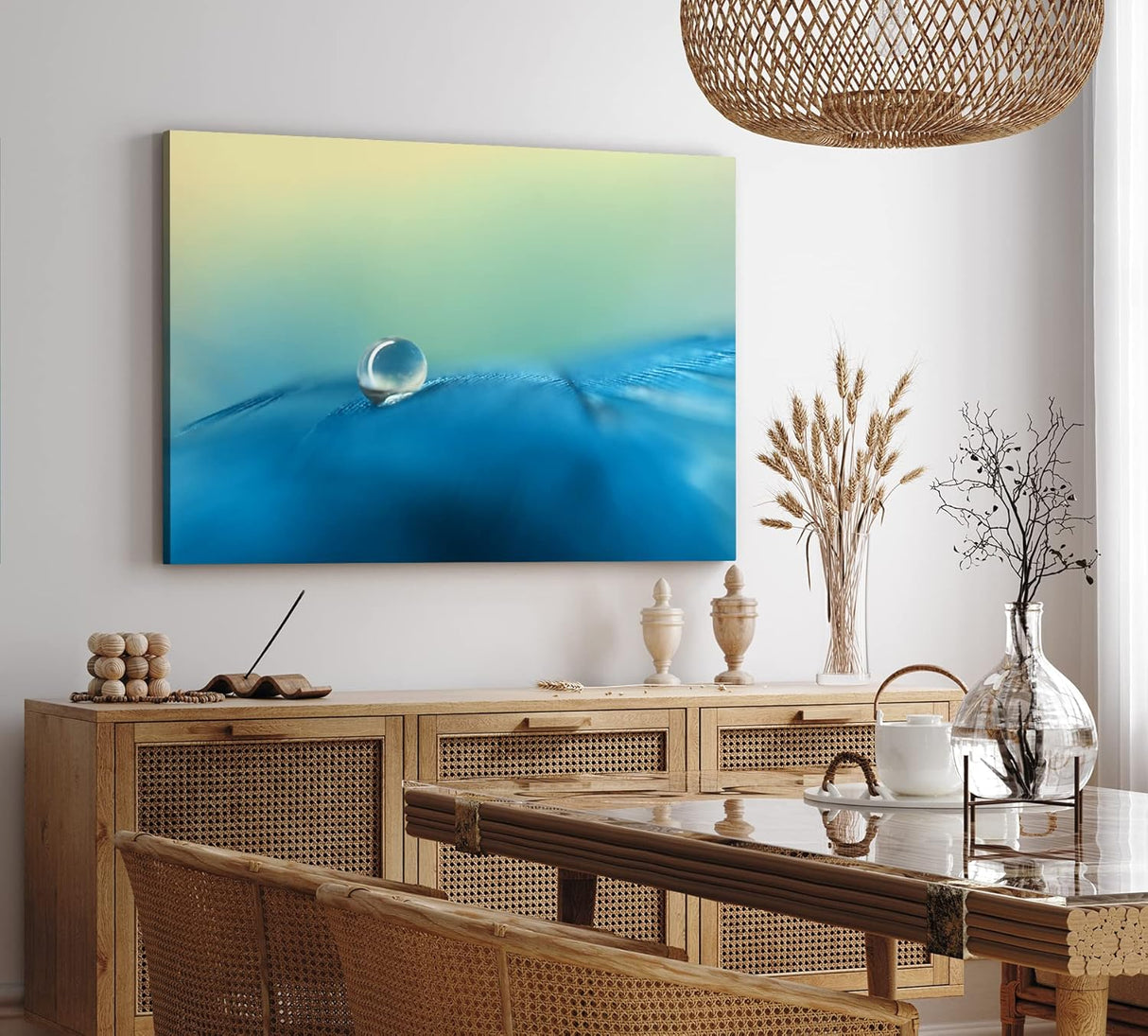 Paul Sinus Wandbild 120x80cm Wassertropfen auf Feder Blau Makrofotografie Türkis