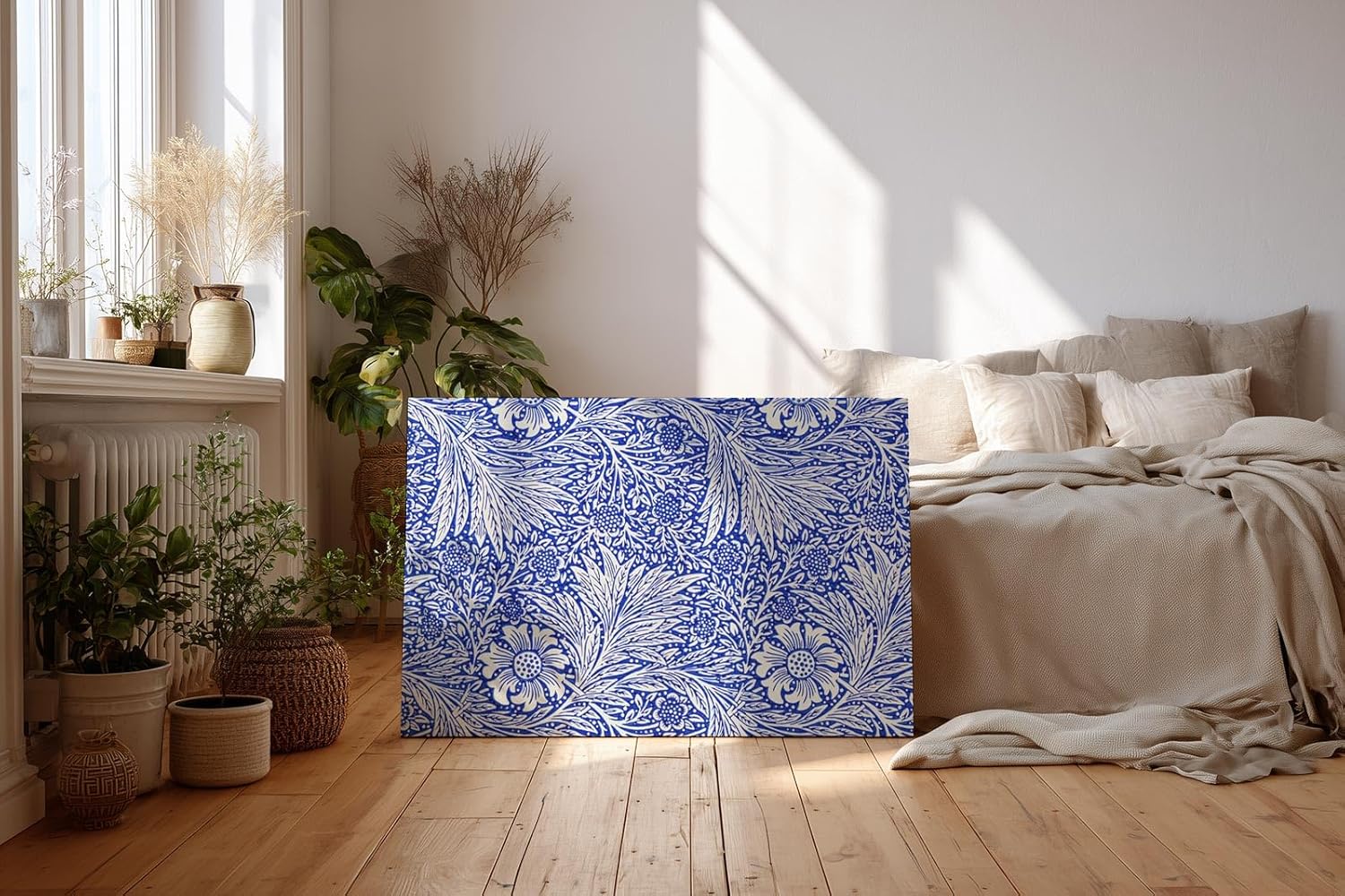 Sinus Art Wandbild 120x80cm Klassisches Blütendekor mit feinen Linien und dichter Musterung auf tiefblauem Grund