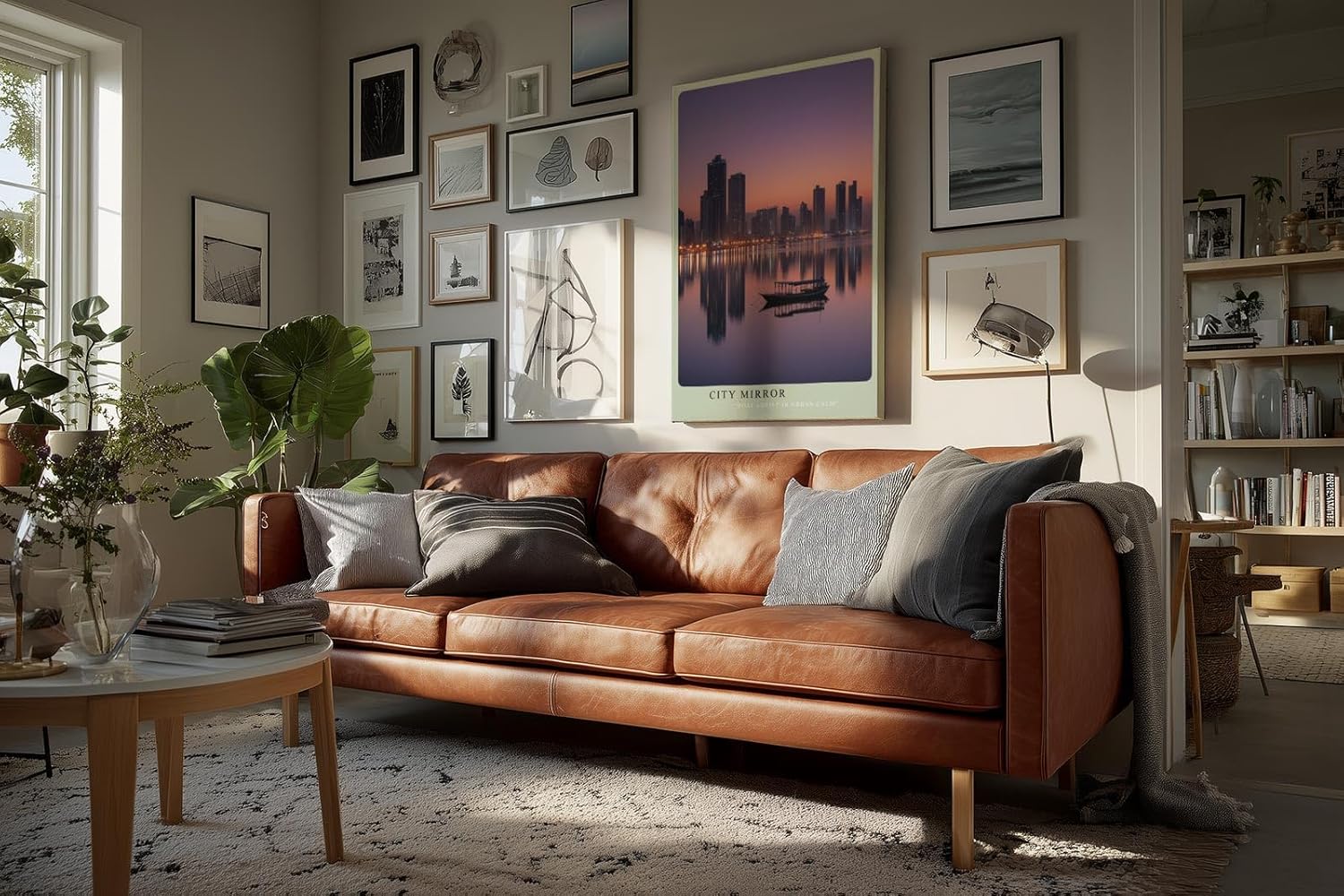 Paul Sinus Wandbild in 40x60cm City Mirror mit ruhiger Stadtsilhouette und Boot im Abendlicht für moderne Wandgestaltung