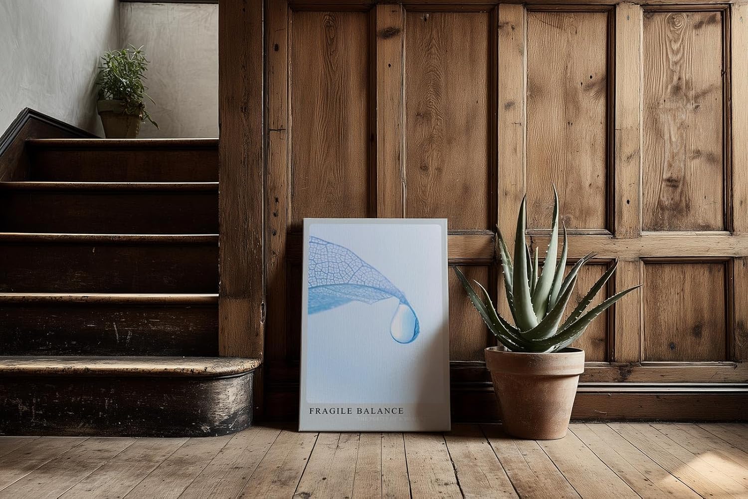 Paul Sinus Kunstdruck 40x60cm Fragile Balance – transparente Struktur mit Wassertropfen auf zartem Blatt in Hellblau