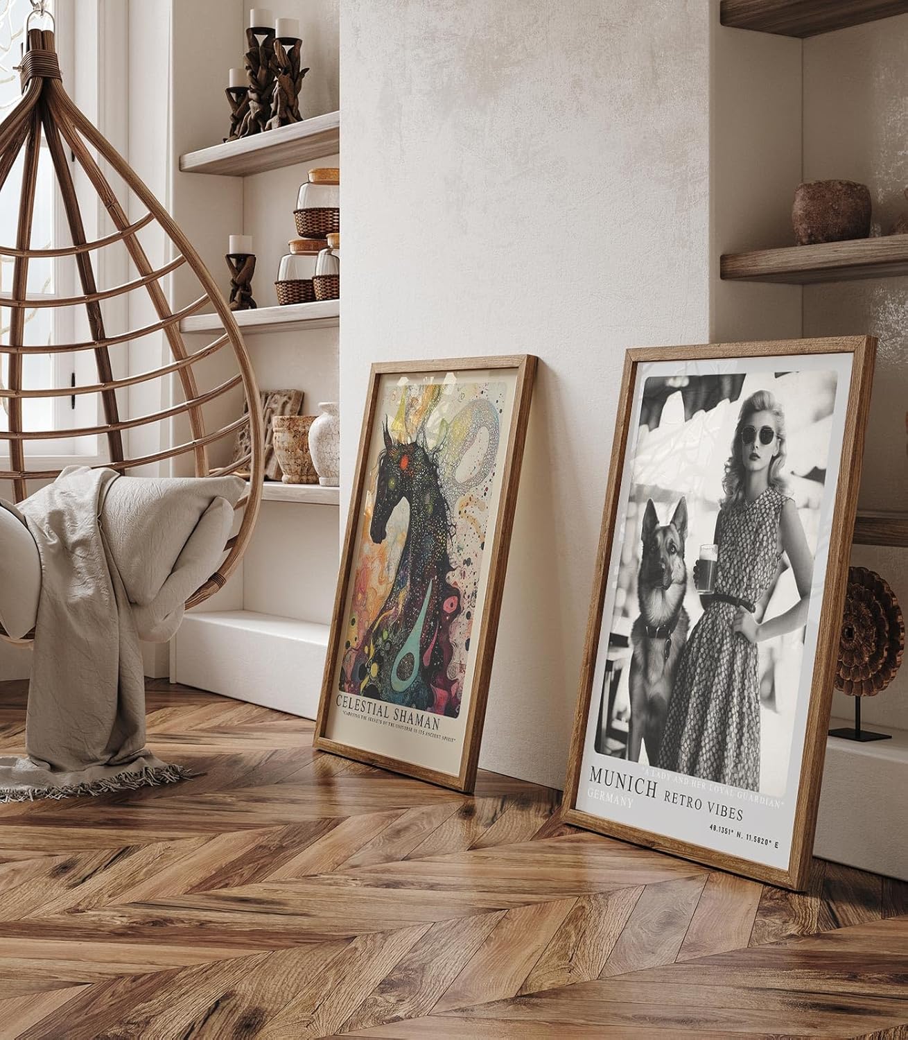 Paul Sinus Leinwandbild 80x120cm Munich Retro Vibes – Stilvolle Vintage-Szene in Schwarz-Weiß mit eleganter Dame, Sonnenbrille, deutschem Schäferhund