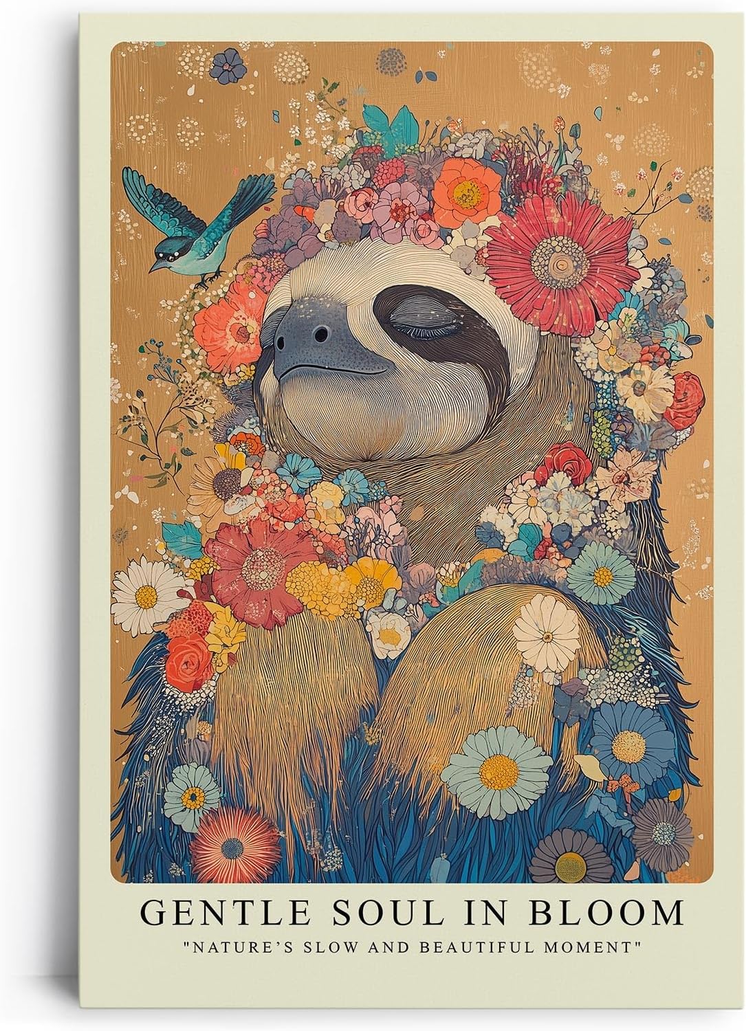 Paul Sinus Leinwandbild 60x90cm verträumtes Faultier in floraler Blütenpracht mit harmonischen Naturfarben – kunstvolles Leinwandbild