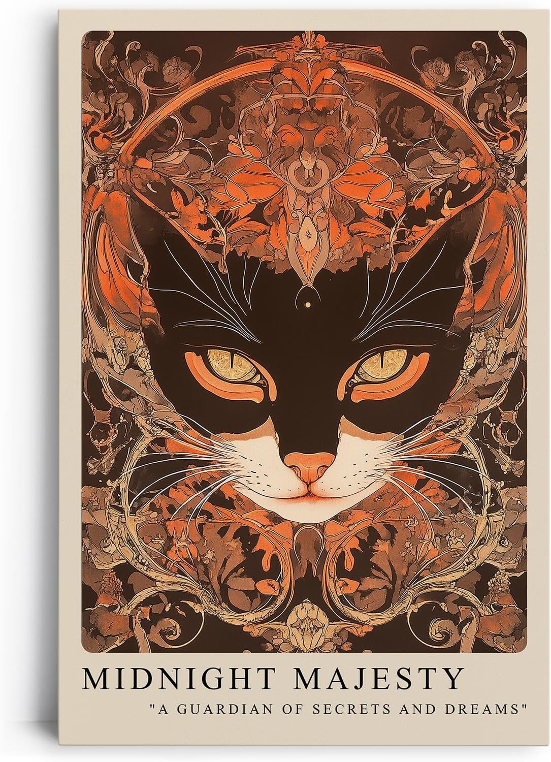 Paul Sinus Leinwandbild 40x60cm geheimnisvolle Katzenillustration mit kunstvollen Ornamenten in warmen Erdtönen, magische Wandkunst