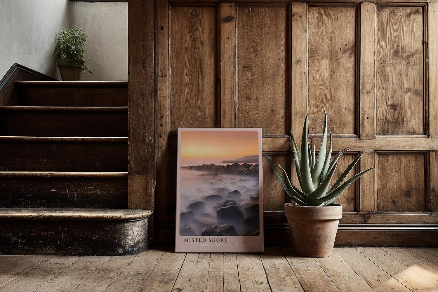 Paul Sinus Kunstdruck 40x60cm Misted Shore – stimmungsvolle Küstenlandschaft mit Felsen im Nebel und sanftem Licht