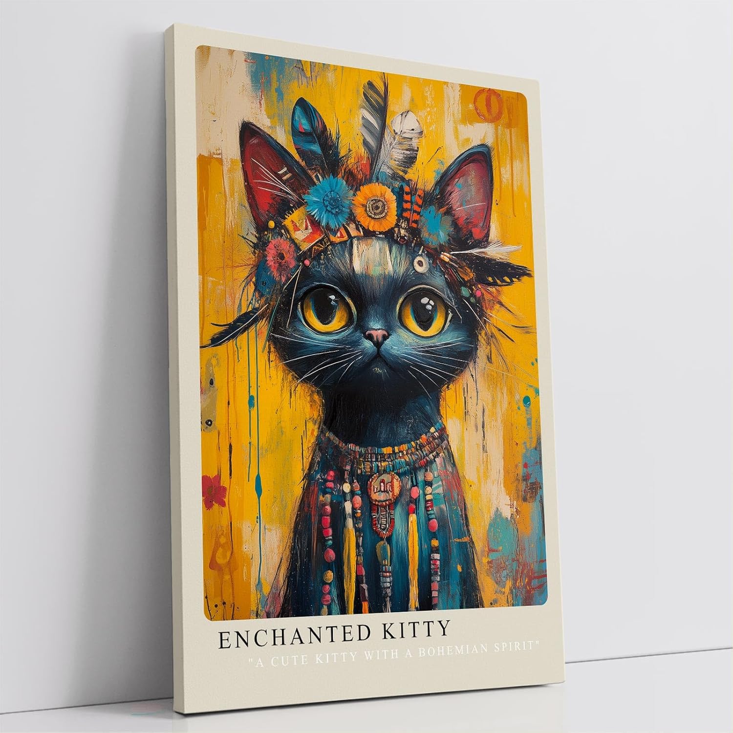 Paul Sinus Leinwandbild 40x60cm Boho Katze leuchtend bunt mystisch kunstvolle Wandkunst tribal spirituell energiegeladen faszinierend ausdrucksstark
