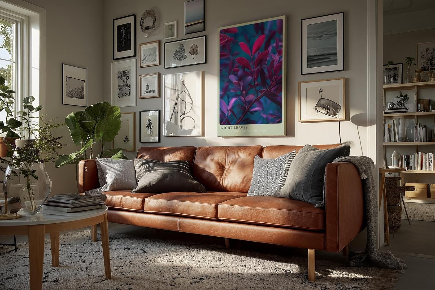 Paul Sinus Wandbild in 40x60cm Night Leaves – elegante Pflanzenblätter in stimmungsvoller Abendfarbpalette aus Pink, Lila und Blau