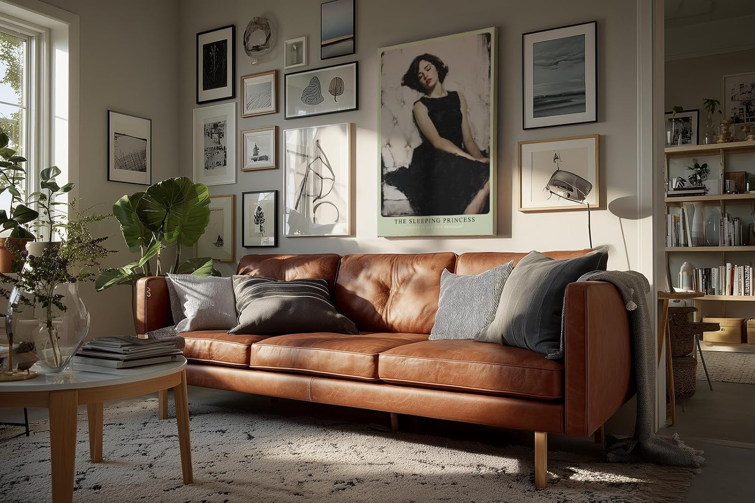 Paul Sinus Wandbild in 40x60cm Frau im schwarzen Kleid auf weißem Sofa – elegantes Porträt mit sanfter Ausstrahlung