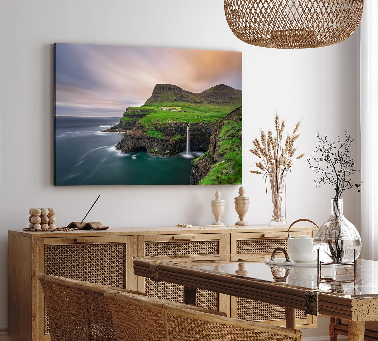 Paul Sinus Wandbild 120x80cm Múlafossur Waterfall Färöer-Inseln Küste Ozean Klippen