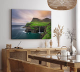 Paul Sinus Wandbild 120x80cm Múlafossur Waterfall Färöer-Inseln Küste Ozean Klippen