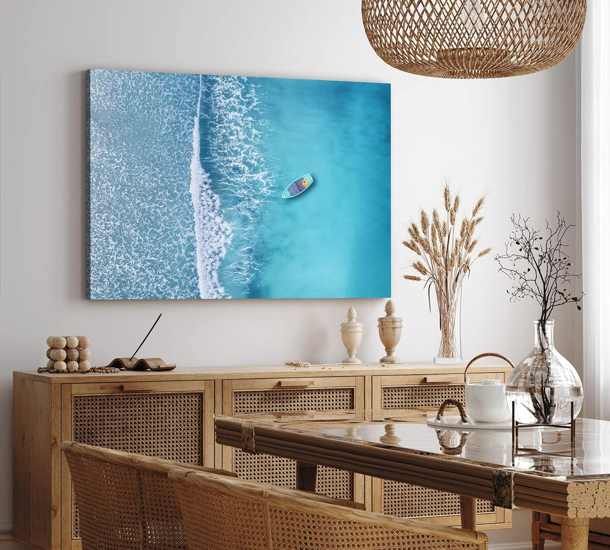 Paul Sinus Wandbild 120x80cm Luftaufnahme Strand Boot Blau Meer Wellen Vogelperspektive