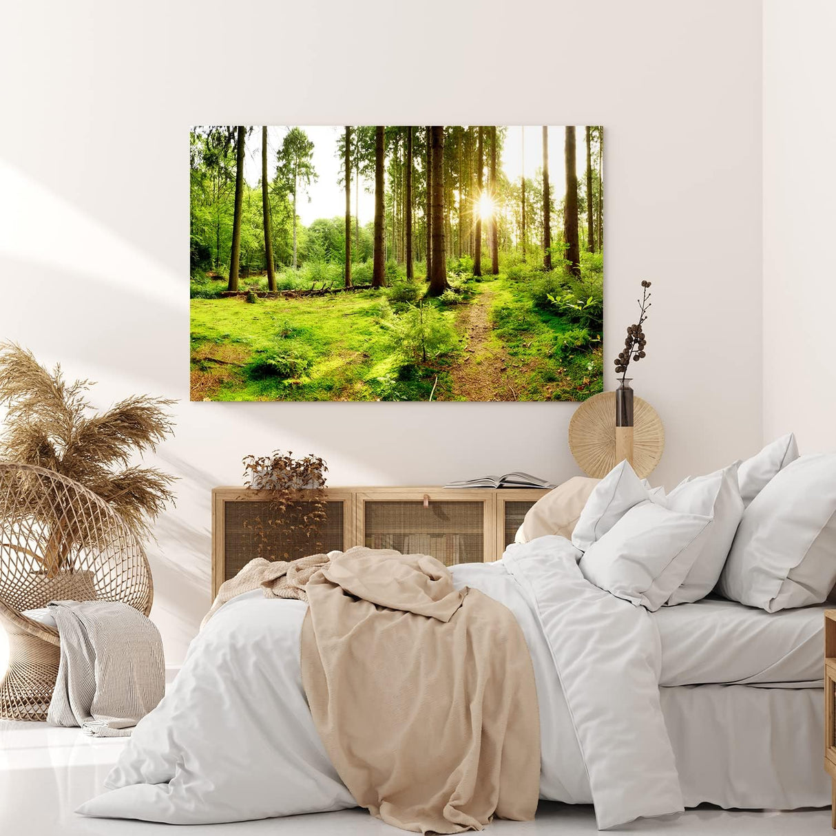 Paul Sinus Wandbild 120x80cm Fichtenwald Wald Grün Sonnenstrahlen Natur Bäume