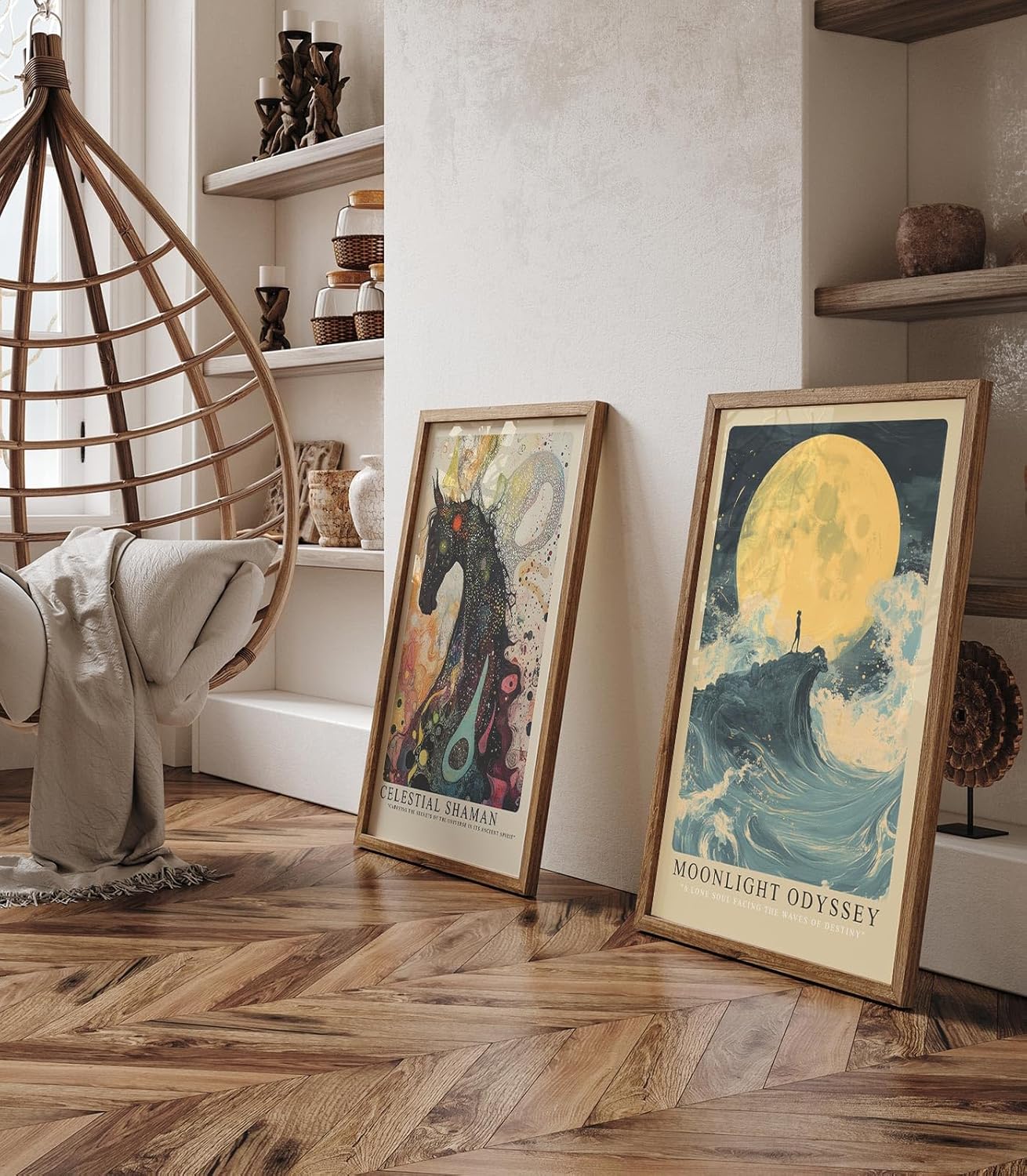 Paul Sinus Leinwandbild 80x120cm Moonlight Odyssey – Mystische Mondszene mit einsamer Silhouette auf einer Welle, umgeben von stürmischem Meer