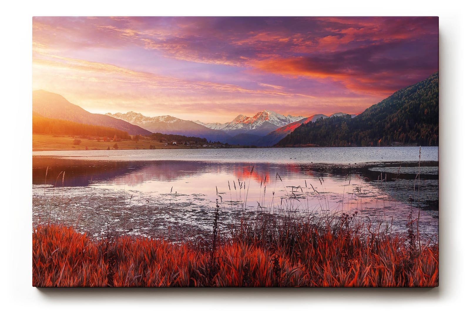 Sinus Art Wandbild 120x80cm See mit reflektierendem Himmel vor verschneiten Bergen – kontrastreich und lebendig