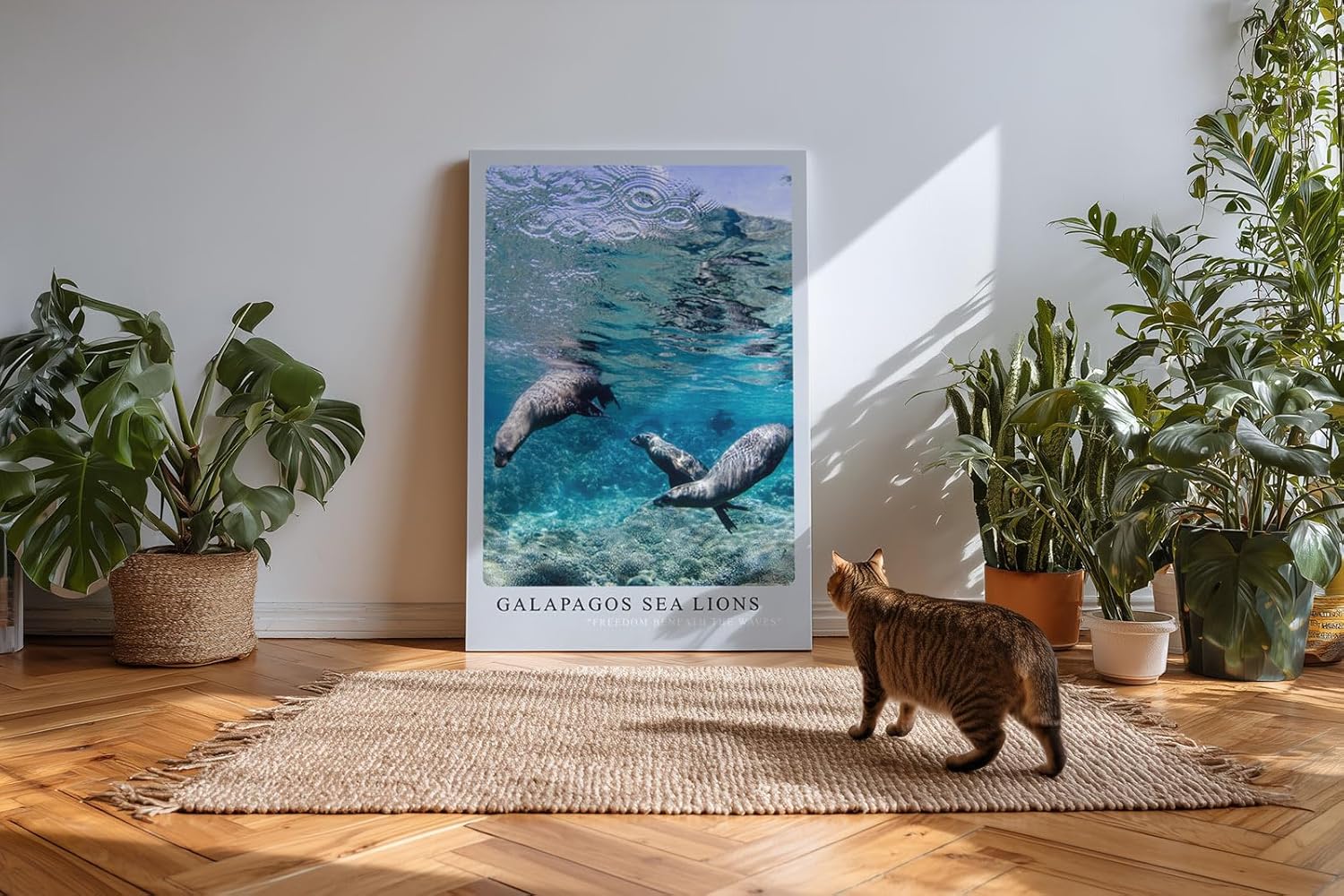 Paul Sinus Kunstdruck 40x60cm Galapagos Sea Lions – Verspielte Seelöwen unter Wasser in tropischem Blau