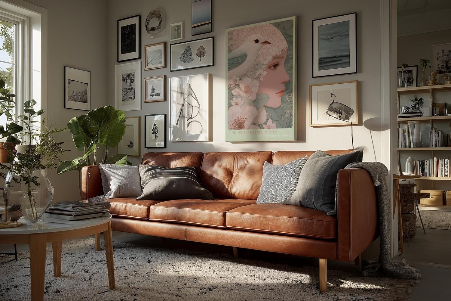 Paul Sinus Wandbild in 40x60cm The Whispering Bloom – Fein gezeichnetes Porträt mit floralen Linienmustern und Vogel in sanfter Farbigkeit