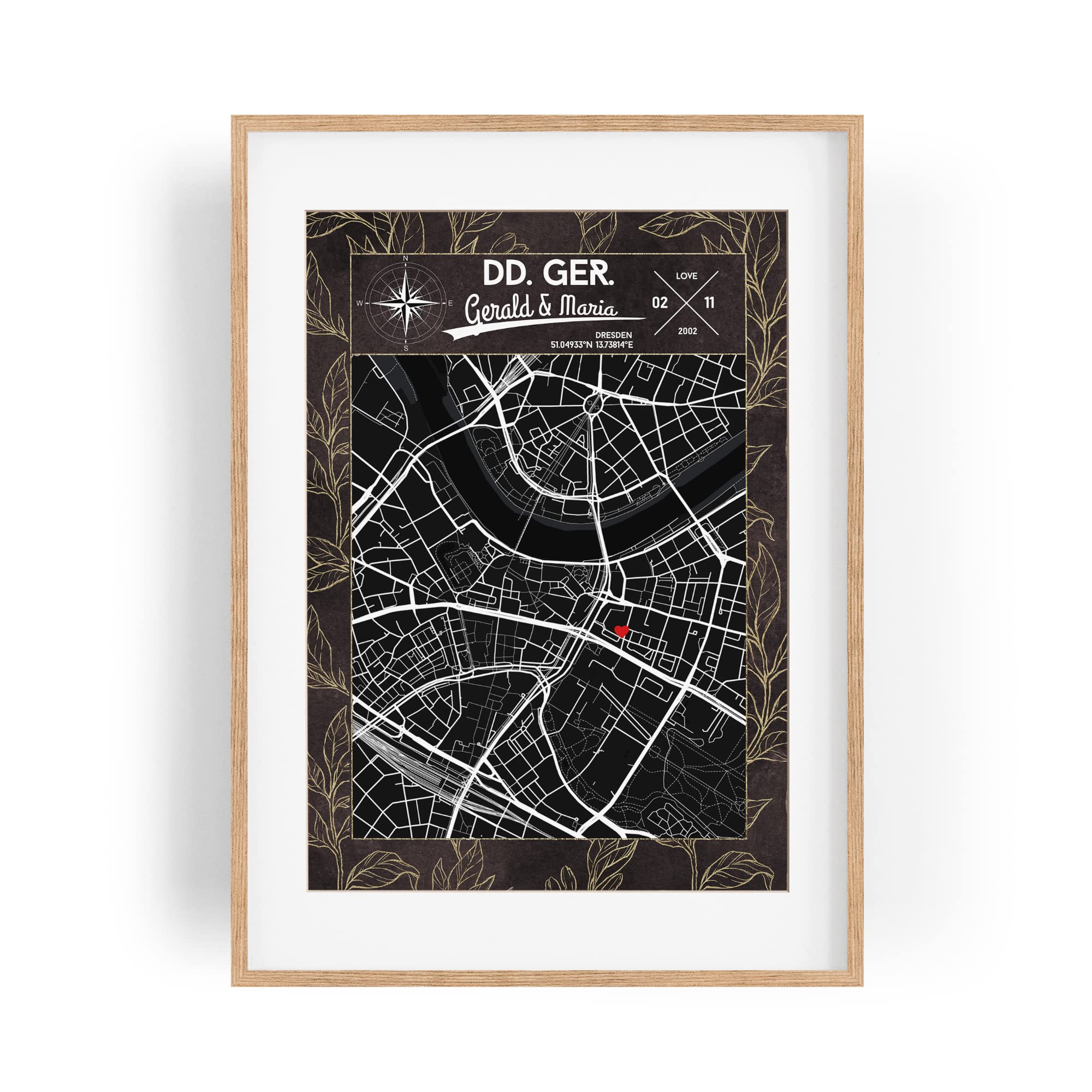 Paul Sinus Wandbild mit deinen GPS Koordinaten und Namen. 30cm x 42cm Holz Wechselrahmen mit Glas. Stadtplan Vintage (ohne Rahmen)