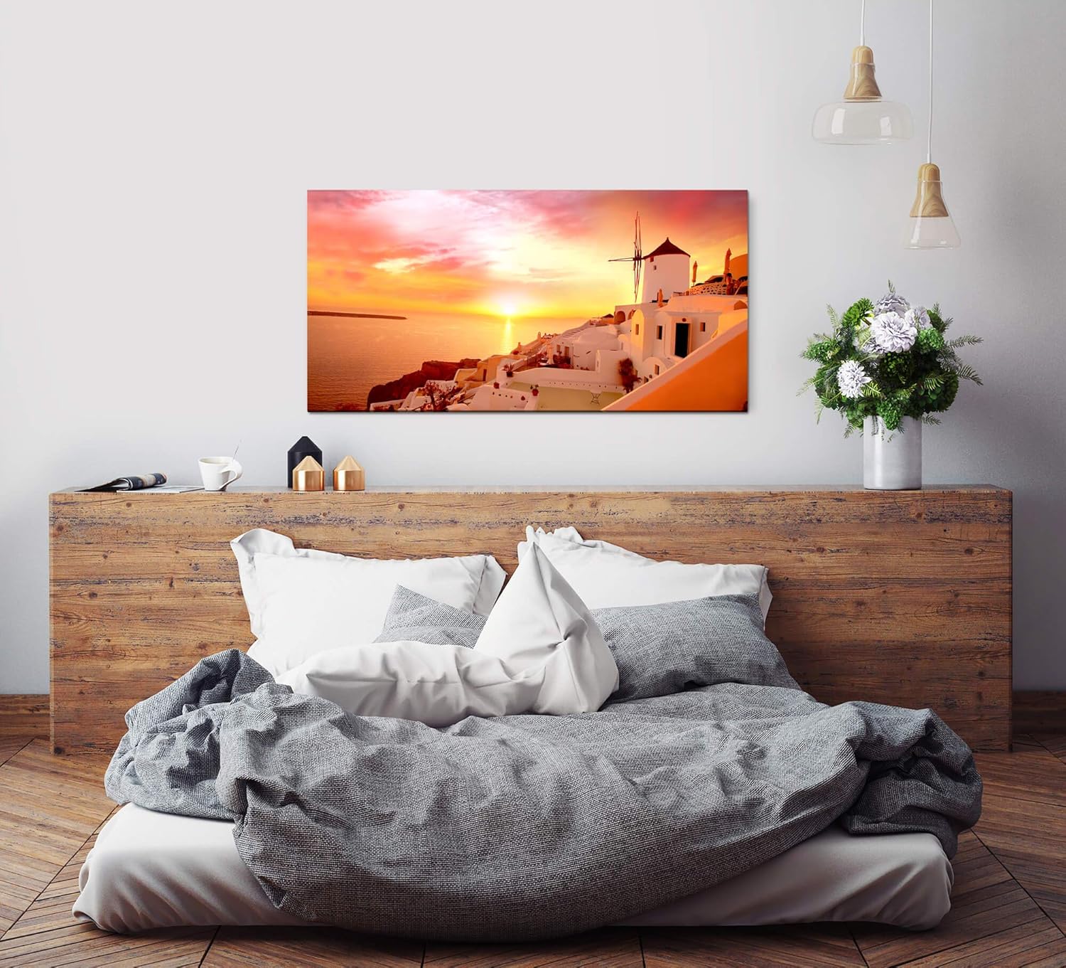 Santorini Stadt Landschaft ca. 130x70cm Wandbild inklusive Schattenfugenrahmen weiss - Panorama Leinwand Bild XXL Format Wandbilder Wohnzimmer Wohnung Deko Kunstdrucke