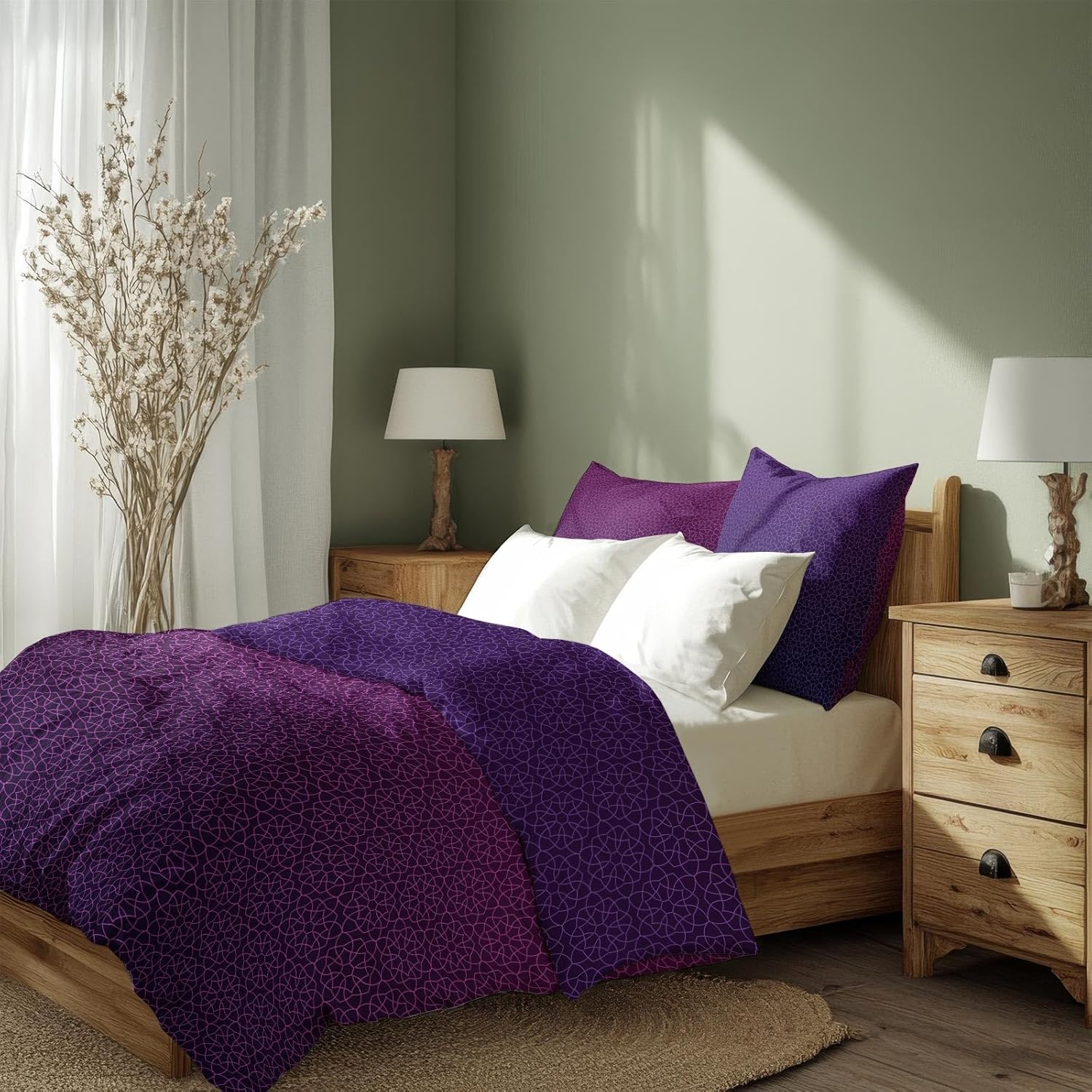 Sinus Art Bettwäsche 135x200 cm + 80x80 cm – Farbverlauf in Violett und Lila mit filigranem Sternenmuster – Moderne Wende-Bettwäsche aus Mikrofaser