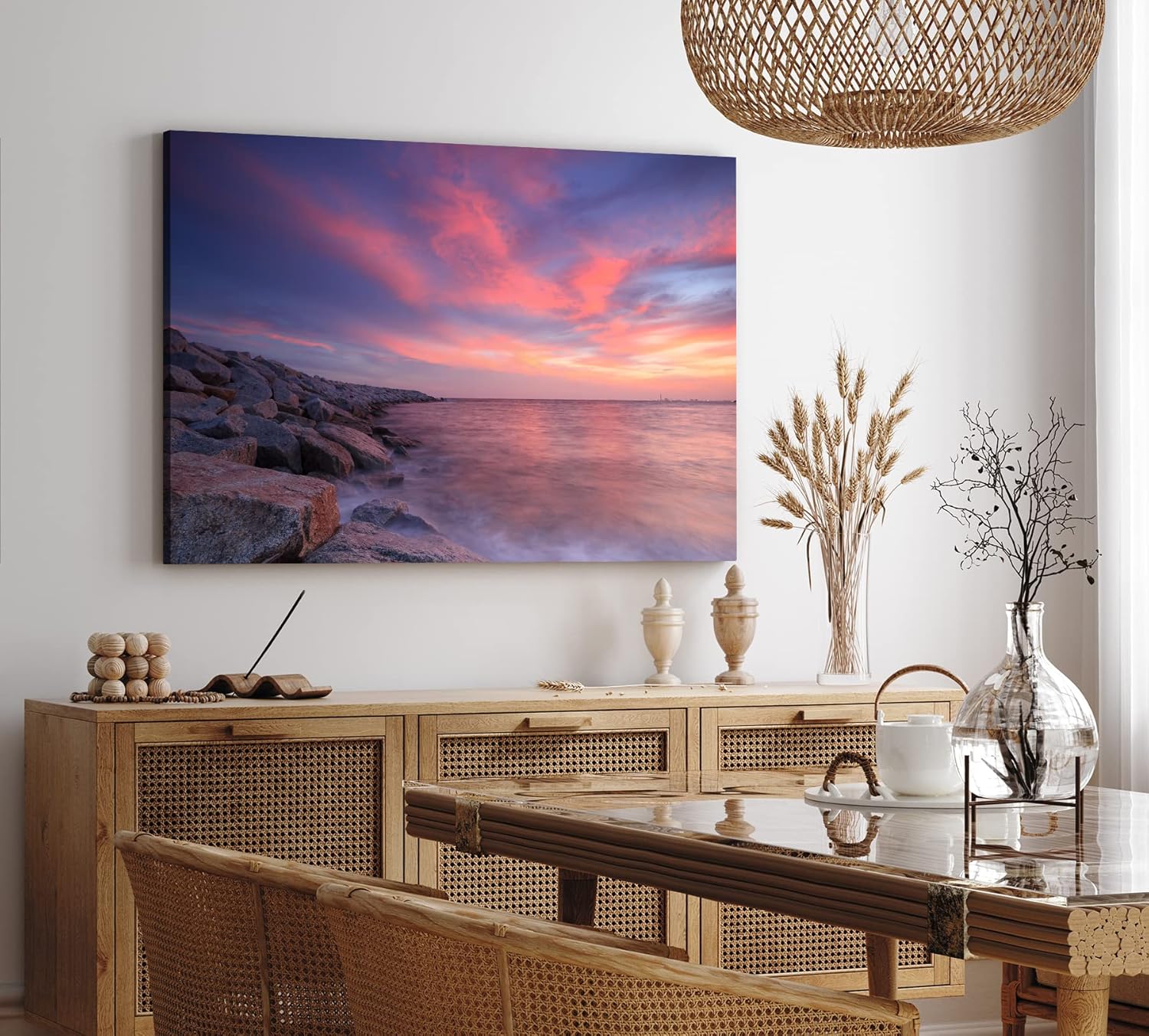 Paul Sinus Wandbild 120x80cm Küste Meer Horizont Rosa Himmel Abendröte Ozean