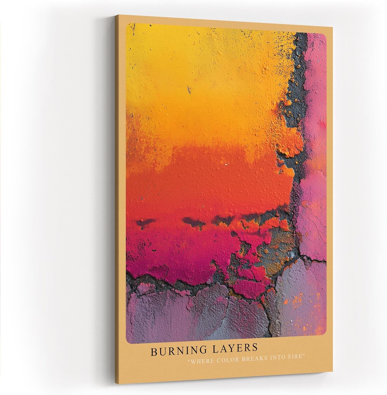 Paul Sinus Wandbild in 40x60cm Burning Layers Abstrakte Nahaufnahme einer farbintensiven, verwitterten Oberfläche in Gelb-, Orangeund Pinktönen
