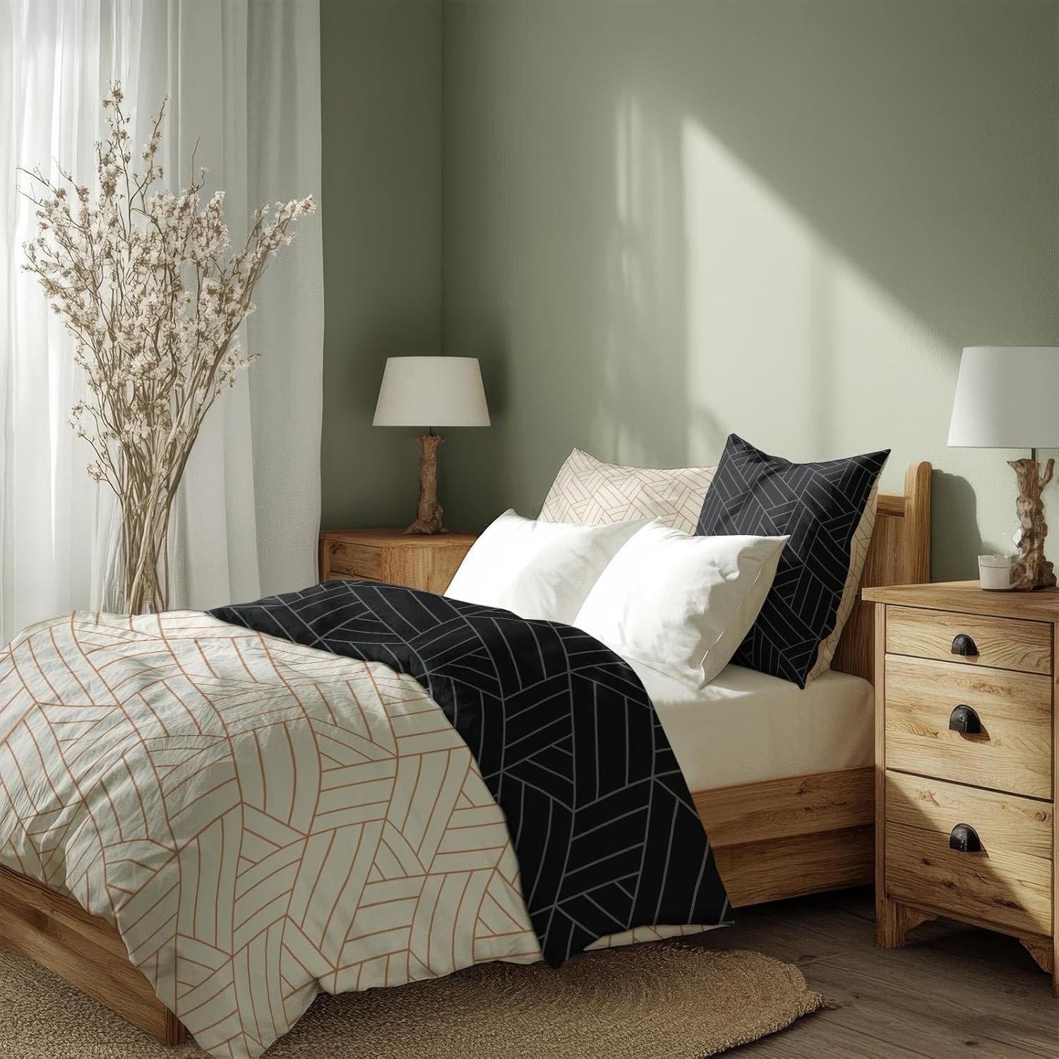 Sinus Art Bettwäsche 135x200 cm + 80x80 cm – Wende-Design in Schwarz und Beige mit modernem Linienmuster – Mikrofaser – elegant & pflegeleicht