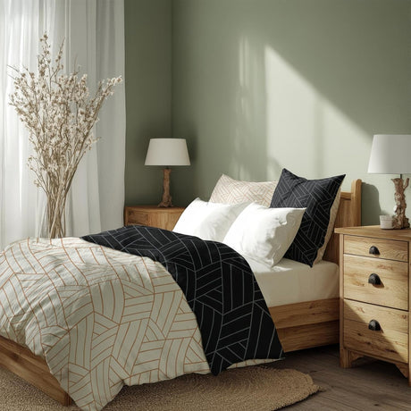 Sinus Art Bettwäsche 135x200 cm + 80x80 cm – Wende-Design in Schwarz und Beige mit modernem Linienmuster – Mikrofaser – elegant & pflegeleicht