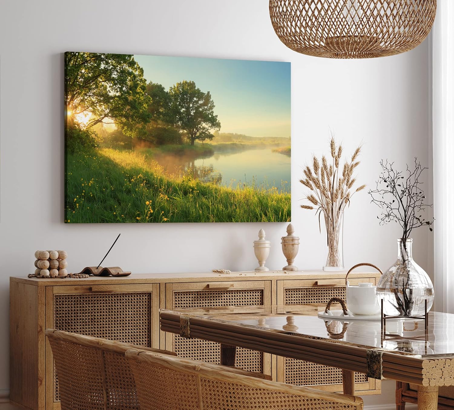 Paul Sinus Wandbild 120x80cm Fluss Morgentau Sonnenaufgang Wiese Bäume Natur