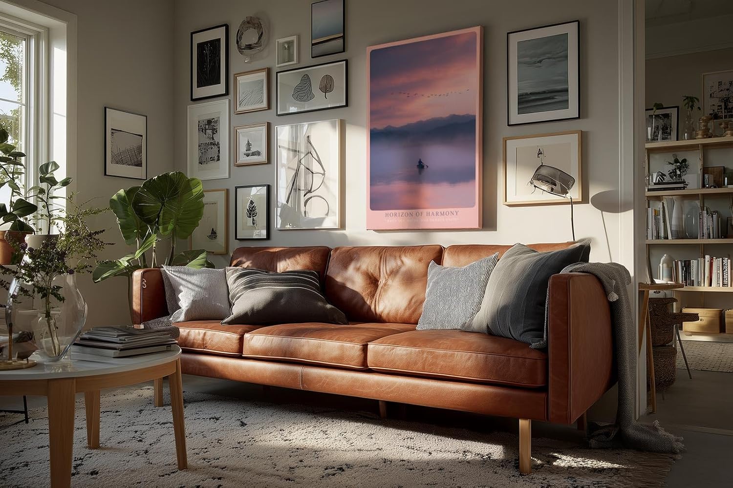 Paul Sinus Wandbild in 40x60cm Boot auf nebligem See bei Sonnenaufgang mit Bergen und Vogelschwarm im Hintergrund