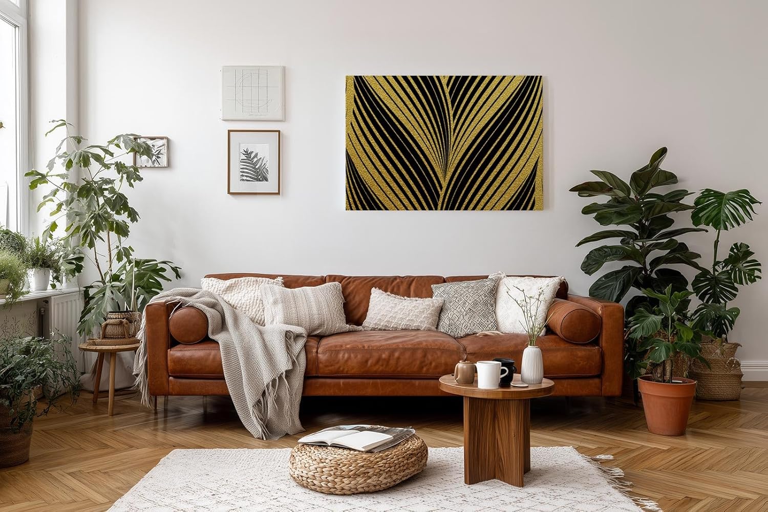 Sinus Art Wandbild 120x80cm Grafisches Muster in Schwarz und Gold – stilvolle Symmetrie mit Art-Déco-Flair