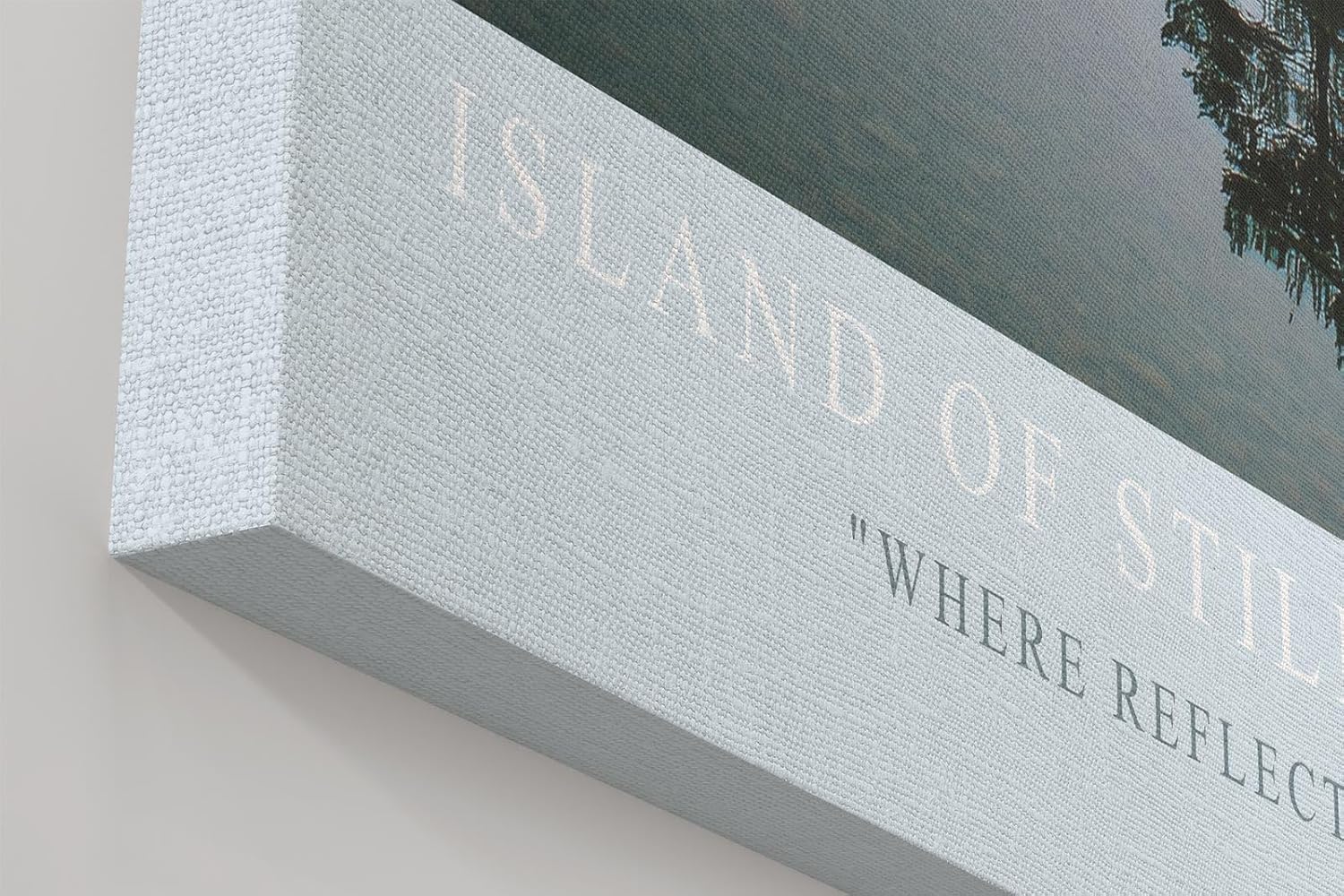 Paul Sinus Wandbild in 40x60cm Island of Stillness – Nebelige Seeinsel mit Baumgruppe, ruhiges Naturmotiv in sanften Grautönen und Spiegelung im Wasser