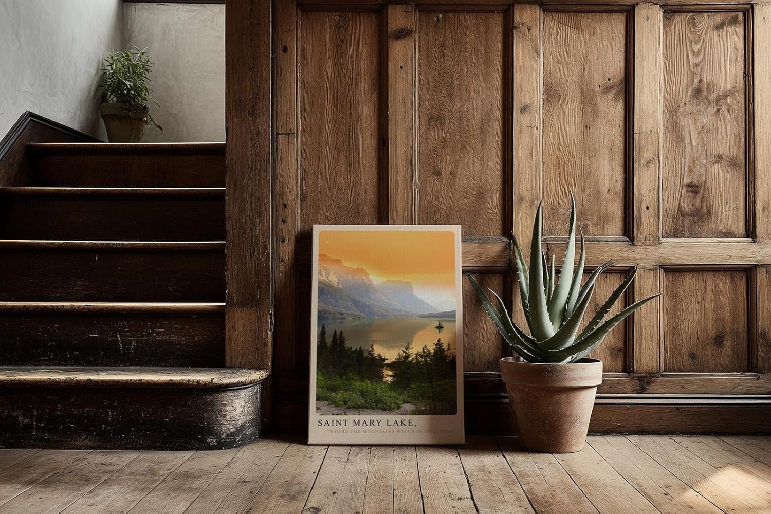 Paul Sinus Kunstdruck 40x60cm Saint Mary Lake USA Sonnenuntergang über Bergsee mit Insel und Kiefernwald