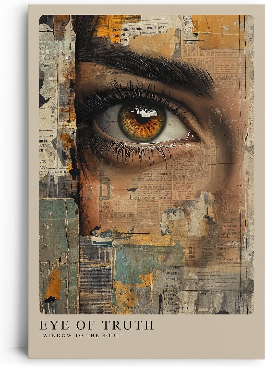 Paul Sinus Leinwandbild 60x90cm realistisches Auge mit abstrakter Collage aus Vintage-Zeitungselementen – kunstvolles Leinwandbild