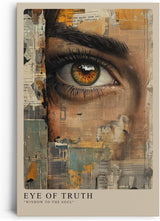 Paul Sinus Leinwandbild 60x90cm realistisches Auge mit abstrakter Collage aus Vintage-Zeitungselementen – kunstvolles Leinwandbild