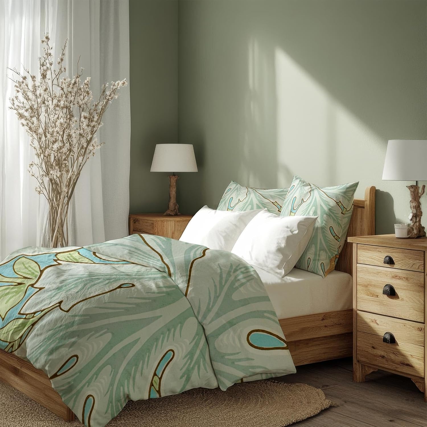 Sinus Art Bettwäsche 135x200 cm + 80x80 cm – florales Naturmotiv in Grün, Blau und Beige – Mikrofaser – atmungsaktiv & pflegeleicht