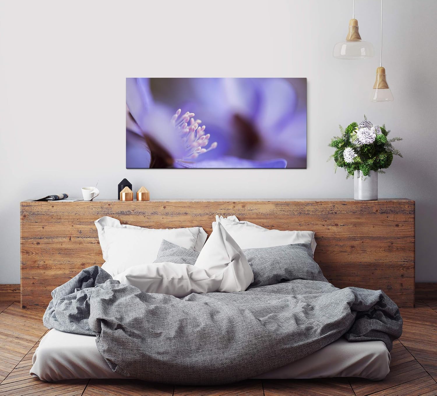 blaue Blume ca. 130x70cm Wandbild inklusive Schattenfugenrahmen weiss - Panorama Leinwand Bild XXL Format Wandbilder Wohnzimmer Wohnung Deko Kunstdrucke