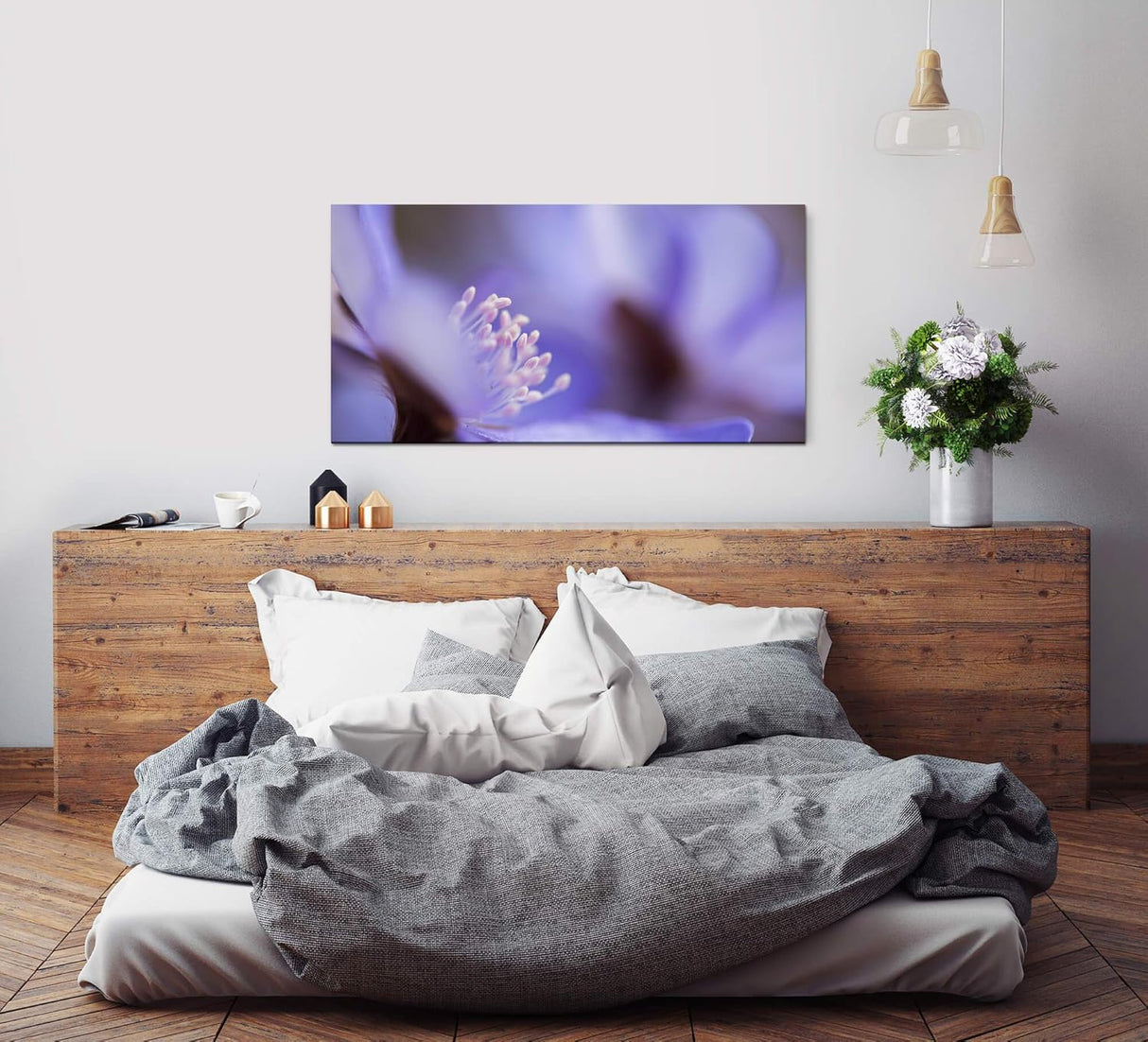 blaue Blume ca. 130x70cm Wandbild inklusive Schattenfugenrahmen schwarz - Panorama Leinwand Bild XXL Format Wandbilder Wohnzimmer Wohnung Deko Kunstdrucke