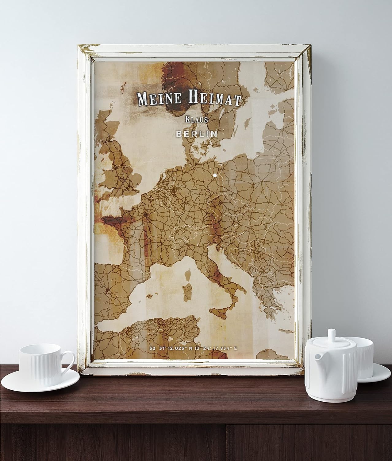 Paul Sinus personalisierter Bilderrahmen mit deinen GPS Koordinaten und Namen. 30cm x 42cm Holz Wechselrahmen mit Glas und Passepartout. Landkarte Heimat. (ohne Rahmen)
