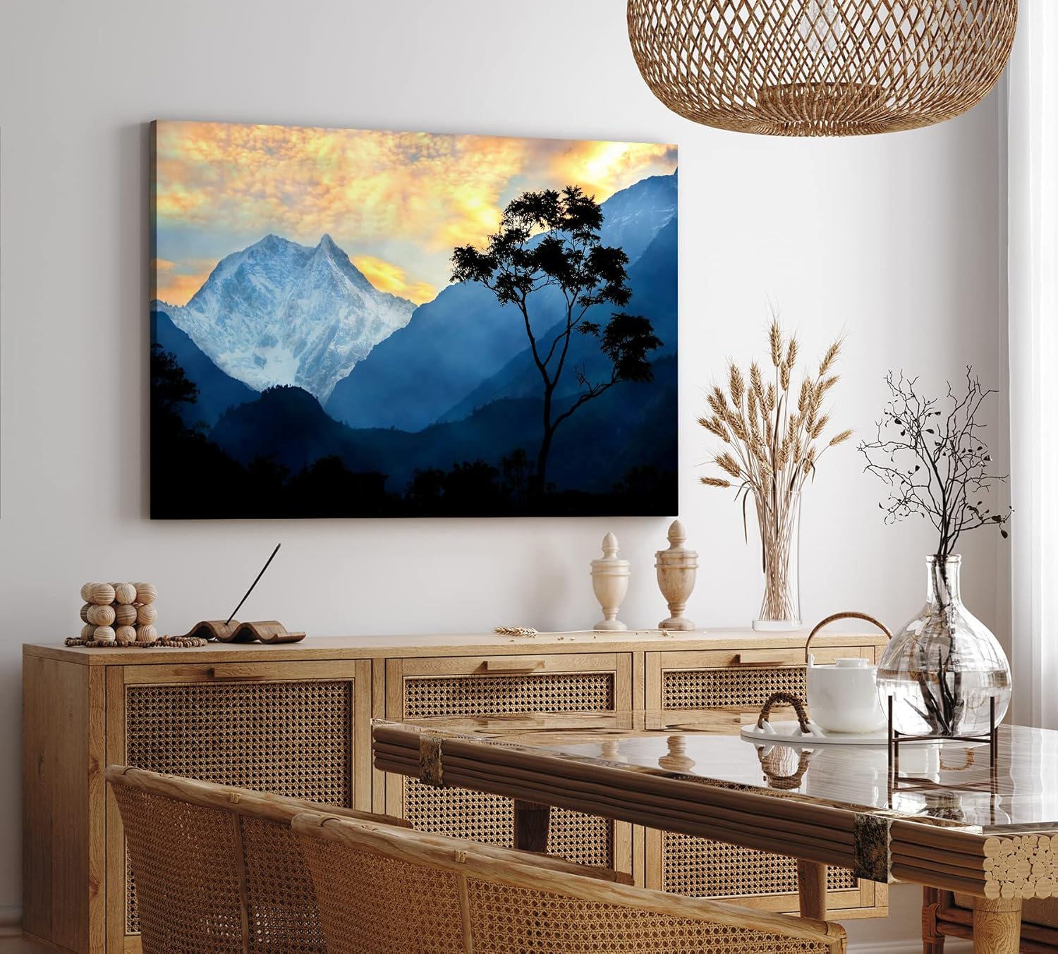 Paul Sinus Wandbild 120x80cm Einsamer Baum Himalaja Berg Berggipfel Schneegipfel Blau