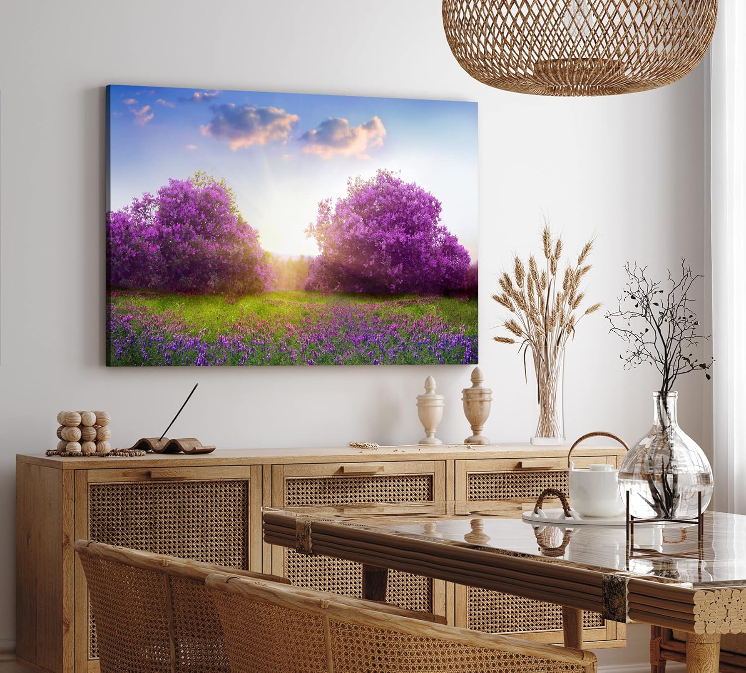 Paul Sinus Wandbild 120x80cm Baumblüte Frühling Violett Sonnenuntergang Wiese Blumen
