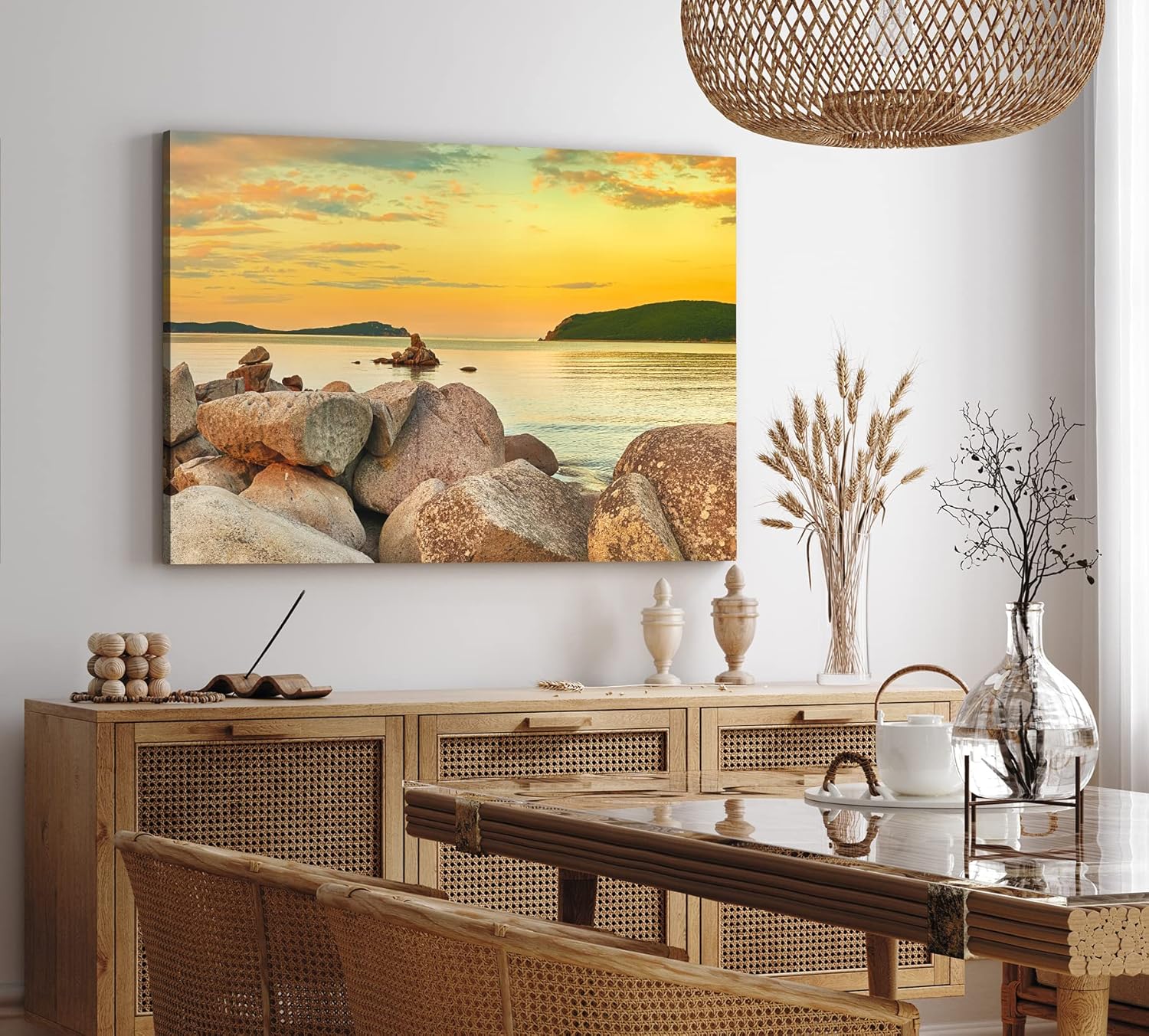 Paul Sinus Wandbild 120x80cm Felsen Meer roter Himmel Horizont Berge Sonnenuntergang