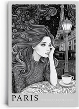 Paul Sinus Leinwandbild 40x60cm Paris Midnight Rendezvous Leinwandbild stilvolle Schwarz-Weiß-Kunst mit nachdenklicher Frau und Eiffelturm