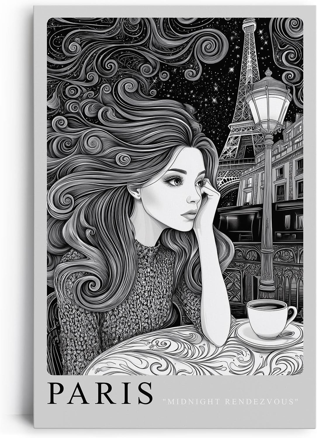 Paul Sinus Leinwandbild 40x60cm Paris Midnight Rendezvous Leinwandbild stilvolle Schwarz-Weiß-Kunst mit nachdenklicher Frau und Eiffelturm