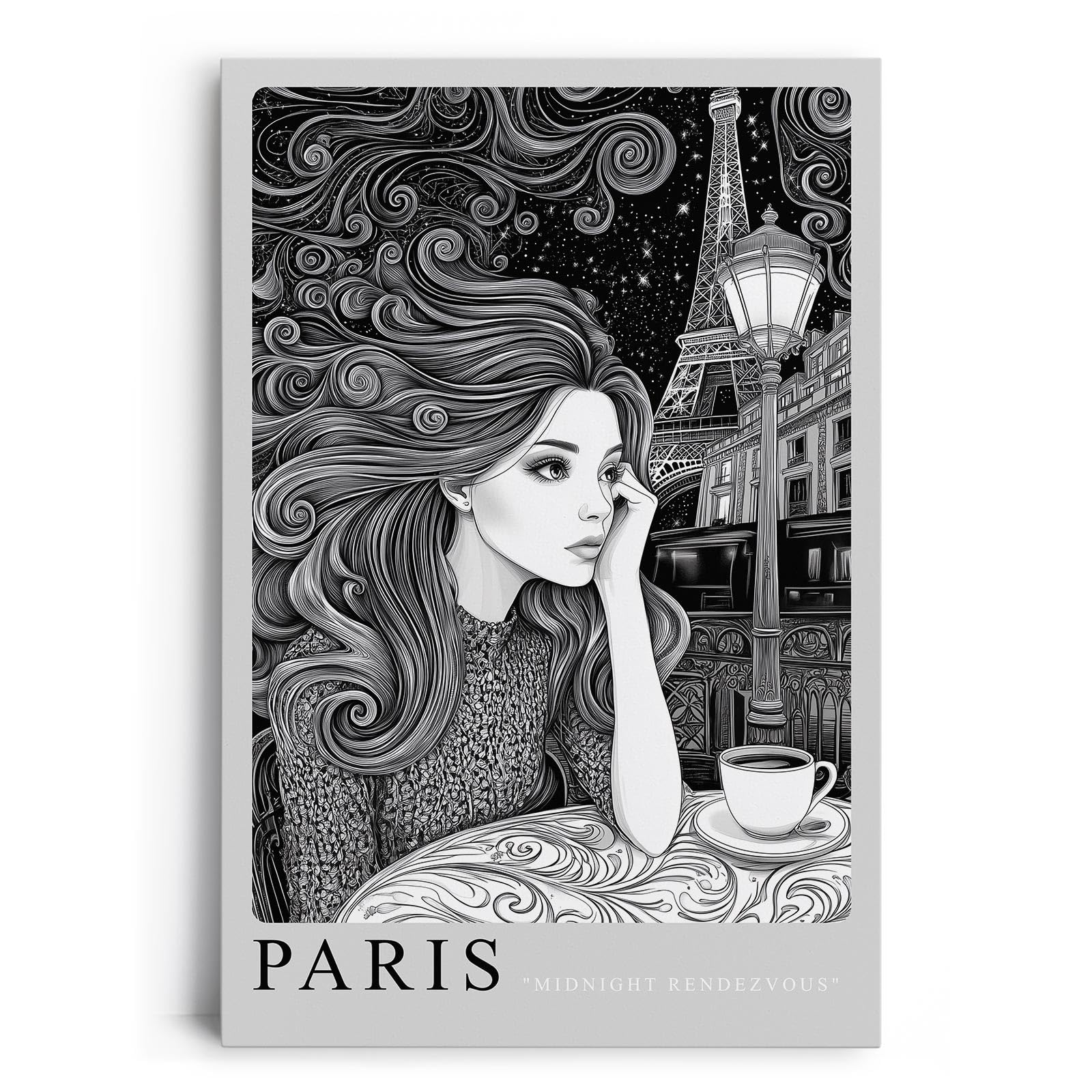 Paul Sinus Leinwandbild 40x60cm Paris Midnight Rendezvous Leinwandbild stilvolle Schwarz-Weiß-Kunst mit nachdenklicher Frau und Eiffelturm