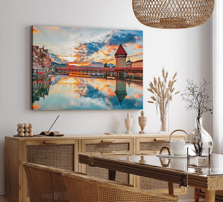 Paul Sinus Wandbild 120x80cm Vierwaldstättersee Luzern Schweiz Holzbrücke Sonnenuntergang