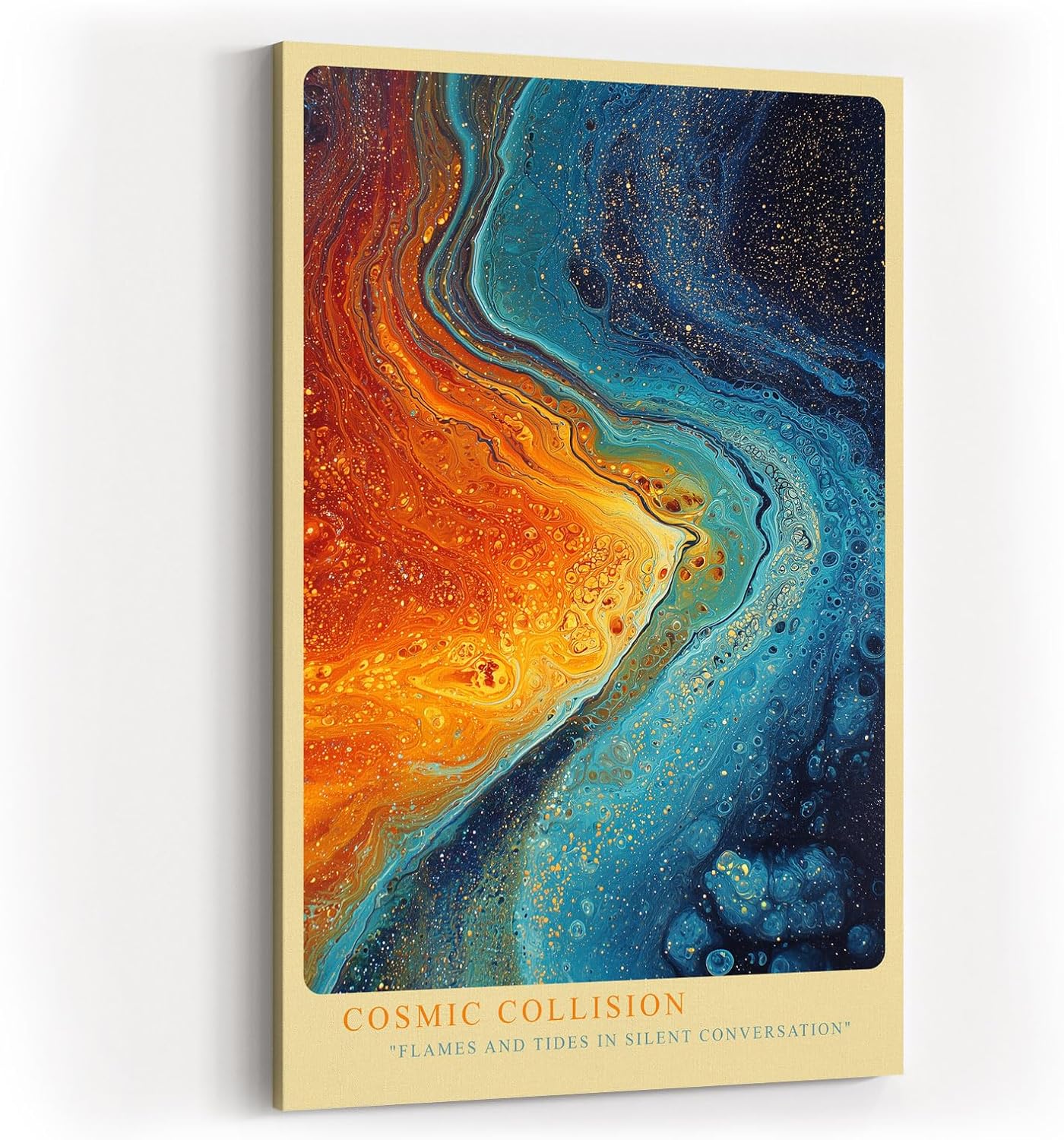Paul Sinus Wandbild in 40x60cm Cosmic Collision in intensiven Blauund Orangetönen mit dynamischem Farbverlauf für moderne Raumgestaltung