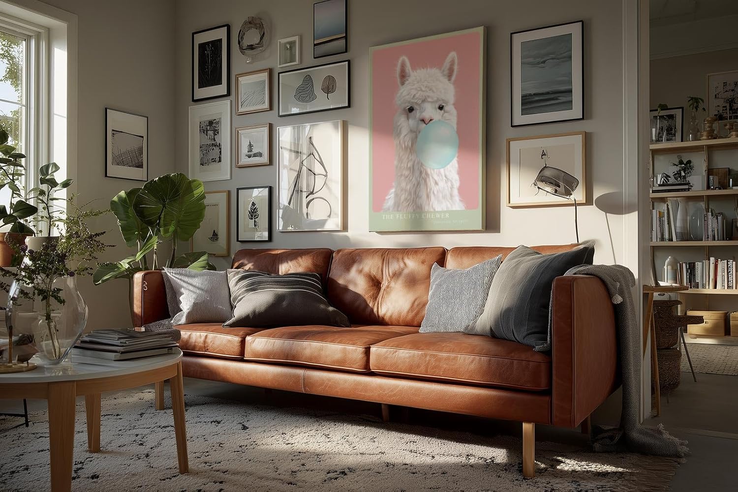 Paul Sinus Wandbild in 40x60cm The Fluffy Chewer – Verspielte Darstellung eines weißen Alpakas mit Kaugummiblase vor pastellrosa Hintergrund